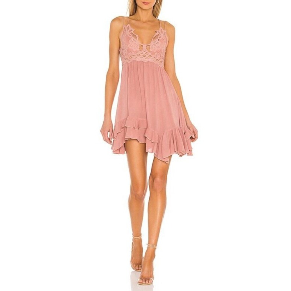 NWT Free People Adella Slip Dress Size Large Pink Lace Flowy Mini Dress MSRP $88